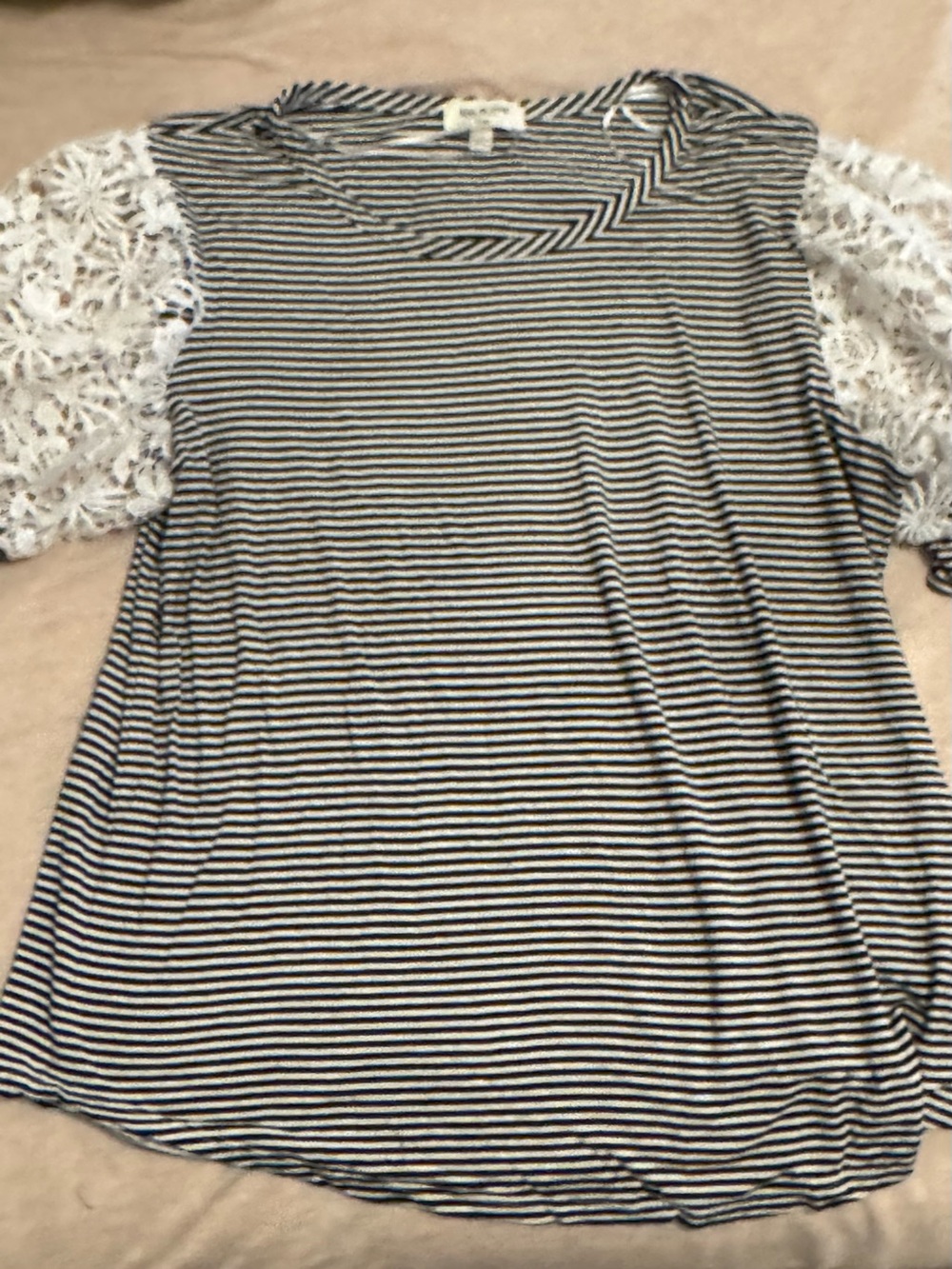 Kim & Cami Black and White Striped Top with Lace Sleeves